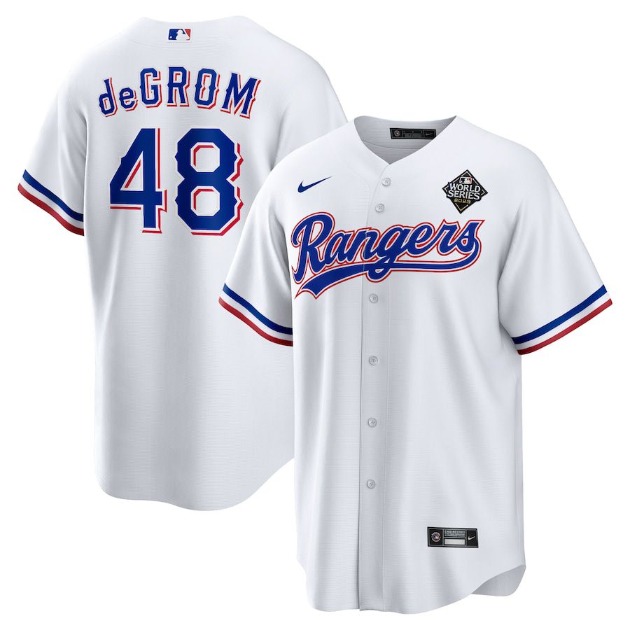 Men Texas Rangers 48 Jacob deGrom Nike White 2023 World Series Replica Player MLB Jersey